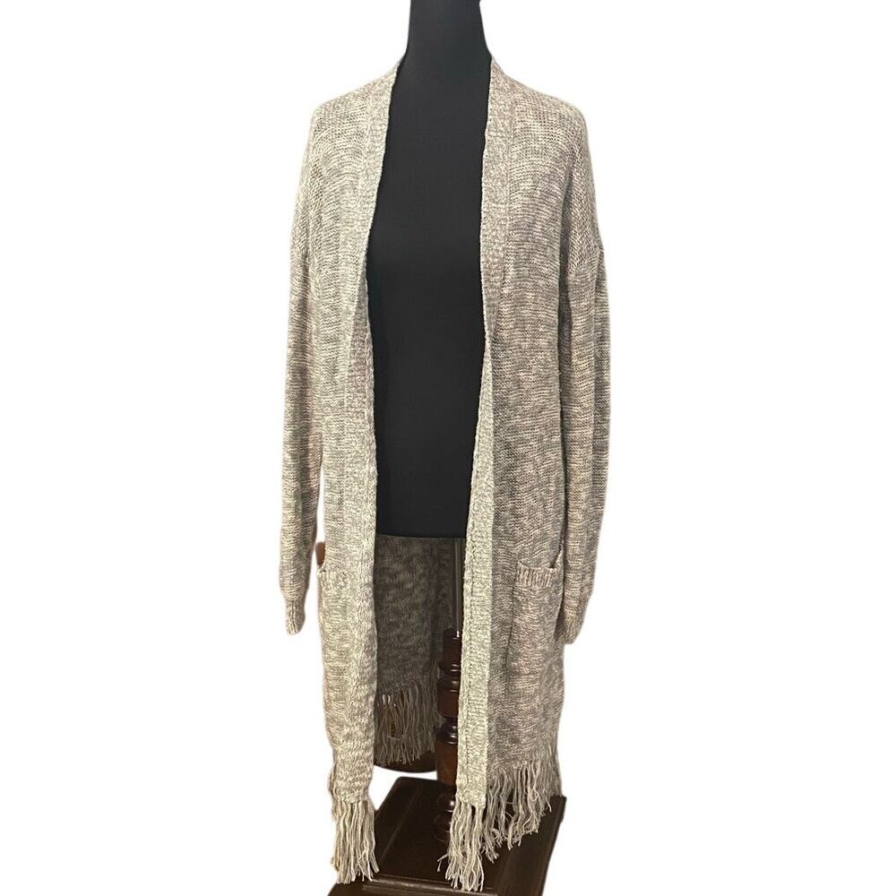 GAP Long Fringe Hem Open Cardigan Gray Heather Knit Sweater Duster‎ Small